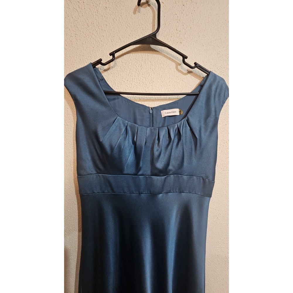 Calvin Klein‎ Teal Babydoll Satin Formal Maxi Dress Off Shoulder Waterfall Skirt